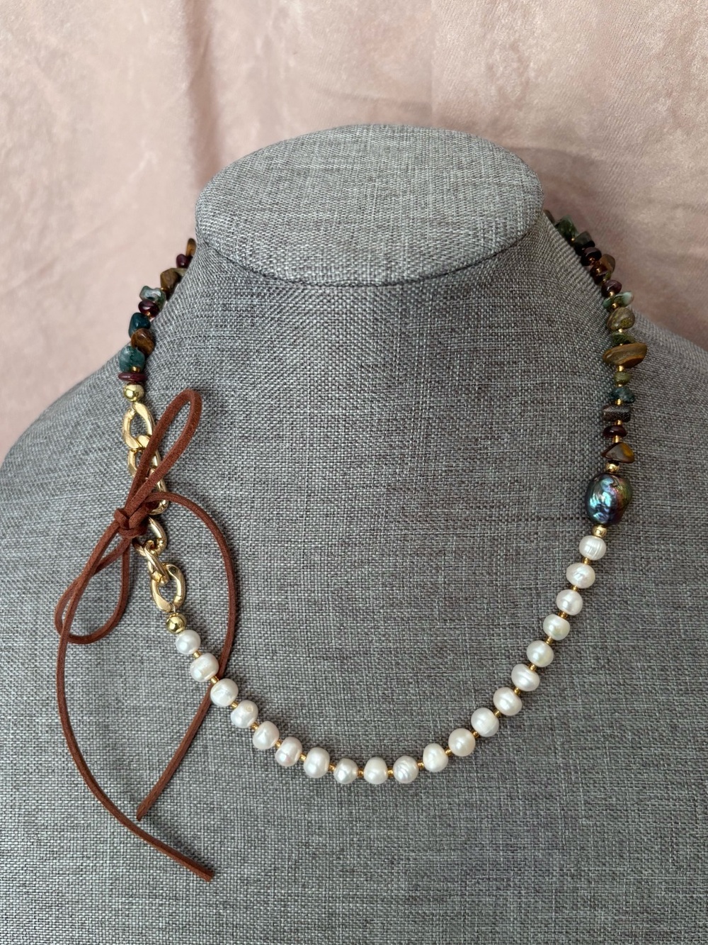 Real Freshwater Pearl & Stone Convertible Necklace with tie